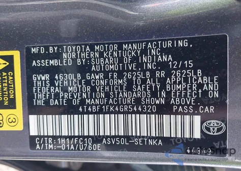 2016 Toyota Camry Le z USA, uszkodzony, nr VIN 4T4BF1FK4GR544320